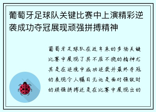 葡萄牙足球队关键比赛中上演精彩逆袭成功夺冠展现顽强拼搏精神