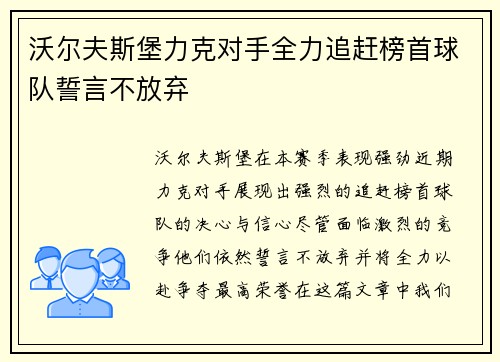 沃尔夫斯堡力克对手全力追赶榜首球队誓言不放弃