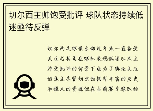 切尔西主帅饱受批评 球队状态持续低迷亟待反弹